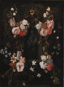 Cartucho de piedra con la Virgen María y el Niño Jesús en un nicho rodeado por una guirnalda de flores de Ubekendt flamsk 1600 tallet