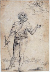 Hombre barbudo con espada, mirando hacia una cara en las nubes de Ubekendt tysk beg. af 1500 tallet