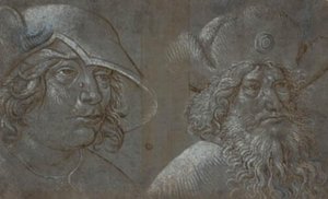 Cabezas de dos hombres en perfil de tres cuartos hacia la derecha, ambos con sombreros llamativos de Ubekendt tysk nederlandsk ca. 1500