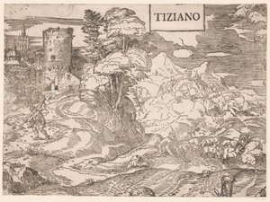 paisaje con un pastor de Ugo da Carpi