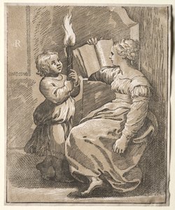 Sibyl Reading with a Child Holding a Torch de Ugo da Carpi