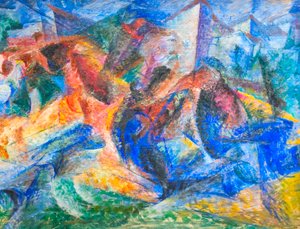 Caballo, jinete y edificios