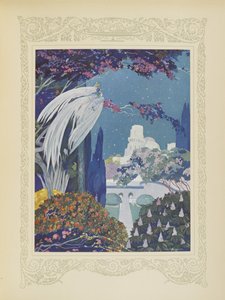 Sin embargo, el hermoso pájaro azul nunca dejó de rondar el palacio, ilustración de "Contes du Temps Jadis", o "Cuentos de tiempos pasados", p.32 de Umberto Brunelleschi