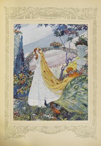Siempre cubría su cabello rizado con una corona de flores en la cabeza, ilustración de "Contes du Temps Jadis", o "Cuentos de tiempos pasados", p.10