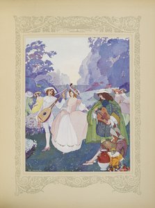 Había pastores y pastoras bailando al son de las flautas y las gaitas, ilustración de "Contes du Temps Jadis", o "Cuentos de tiempos pasados", p.74