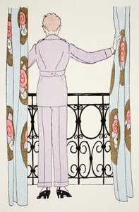 Mujer con traje de pantalón en la ventana (impresión de pochoir) de Umberto Brunelleschi