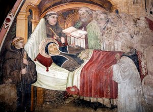 La muerte de Santa Escolástica, rodeada de monjes benedictinos