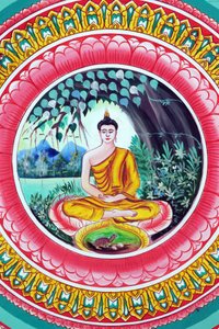 Templo budista Wat Inpeng. Pintura que representa la historia de la vida de Shakyamuni Buda. Buda sentado en la pose de meditación de Unbekannt