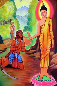 Templo budista Wat Si Muang. Pintura que representa la historia de la vida de Shakyamuni Buda