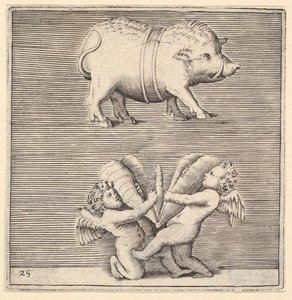 Un cerdo con cinturón y dos cupidos o genios con una mariposa o polilla, publicado ca. 1599-1622