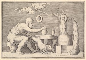 Un fauno o sátiro preparando un cerdo para el sacrificio