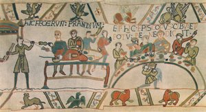 Un banquete (detalle) del Tapiz de Bayeux, finales del siglo XI, 1944 de Unbekannt