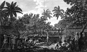 Un sacrificio humano en un Morai, en Otaheite, en presencia del Capitán Cook, c1773 de Unbekannt