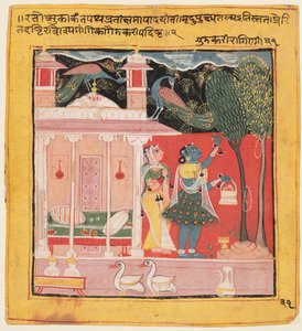 Una dama recogiendo flores con pavos reales, Gunakali Ragini de Malkos, del Chawand Ragamala de Unbekannt