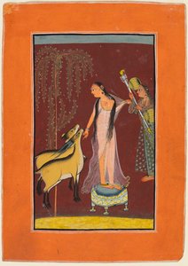 Una dama con asistente y un par de ciervos, probablemente Gujari Ragini de Dipak, de un Pahari Ragamala