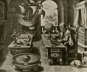 Un experto en navegación trabajando en su estudio con globo y compás, c. 1591, 1928 de Unbekannt