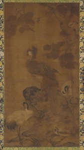 Un fénix y dos grullas bajo un árbol, dinastía Ming, siglos XVI-XVII