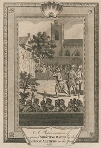 Una representación de un gran concurso de tiro por los arqueros de Londres en el año 1583 de Unbekannt