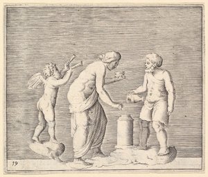 Una mujer y un hombre sacrificando en presencia de Cupido, publicado ca. 1599-1622 de Unbekannt