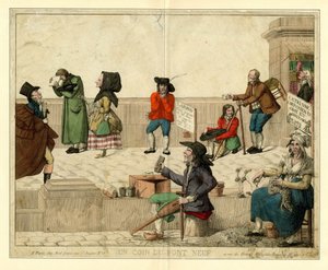 Una esquina del Pont Neuf, París, con mendigos cojos y vendedores ambulantes, ca 1813