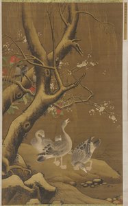 Un grupo de gansos bajo un sauce cubierto de nieve y árboles en flor, dinastía Ming, siglos XVI-XVII