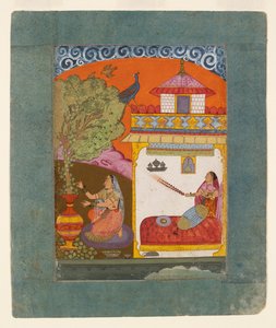 Una dama arrancando hojas, ilustrando el modo musical Gunakali Ragini, c. 1675 de Unbekannt