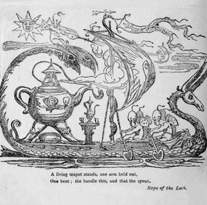 Una tetera viviente se sostiene, un brazo extendido, otro doblado, el asa esto, y eso el pico, c1820