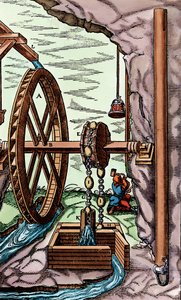 Una mina siendo drenada por una bomba de trapo y cadena accionada por una rueda hidráulica, 1556