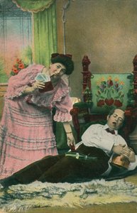 Una postal de una esposa tomando el dinero de su esposo borracho de Unbekannt