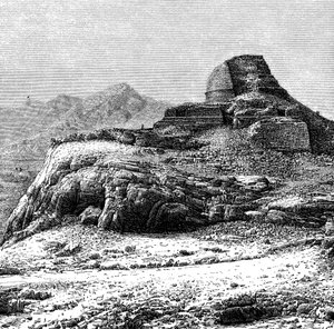 Un tope estupa en ruinas en el Paso Khyber, Pakistán-Afganistán, 1895