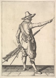 Un soldado sacando la baqueta de su soporte, de la serie Mosqueteros, placa 25, en Wap... de Unbekannt