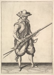 Un soldado sacudiendo el polvo de la parte superior de la cacerina, de la serie Mosqueteros, placa 19 de Unbekannt
