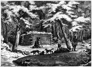 Cabaña de invierno en el país de Saskatchewan, Canadá, 1877