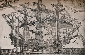 Un grabado en madera de un barco que se cree que es el Ark Royal, c. 1587 de Unbekannt