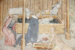 Fresco de la iglesia de la abadía de Abondance: escena de la natividad, Abondance, Francia de Unbekannt