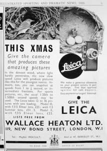 Anuncio de cámaras Leica vendidas por Wallace Heaton Ltd, New Bond Street, Londres, 1933