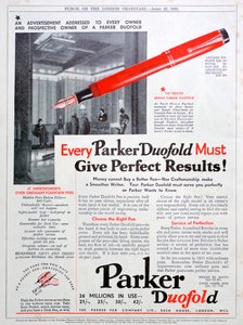 Anuncio de plumas Parker, 1931 de Unbekannt