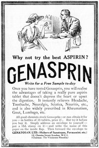 Anuncio de Genasprin, una marca patentada del medicamento Aspirina, 1919 de Unbekannt