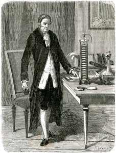 Alessandro Volta, físico italiano, demostrando su pila eléctrica, c1800 c1870 de Unbekannt