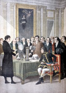 Alessandro Volta, demostrando su pila de batería a Napoleón