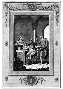 Alfredo el Grande dividiendo su pan con un pobre peregrino, siglo IX, 1772 de Unbekannt