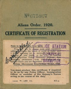 Orden de Extranjeros, Certificado de Registro, 1920