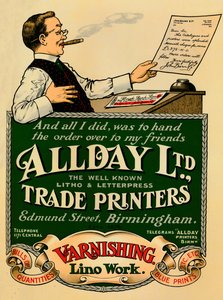 Anuncio de Allday Ltd., Impresores Comerciales, 1910