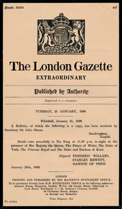 Un boletín extraordinario de The London Gazette anunciando la muerte del Rey Jorge V 1865-1936