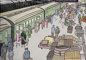 Ilustración de una estación de tren de los años 1930, 1937