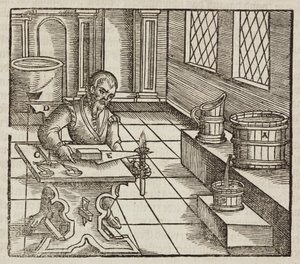 Análisis del salitre, utilizado en la pólvora y para la conservación de carnes - Grabado extraído de Descripción de los minerales y los principales métodos de explotación minera, de Lazarus Ecker de Unbekannt
