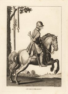 Antiguo dragón a caballo con casco, mosquete y cuerno de pólvora de Unbekannt