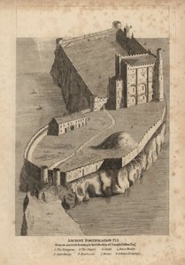Fortificación antigua: mazmorra 1, capilla 2, establo 3, patio interior 4, patio exterior 5, barbacana 6, montículo 7 y alojamientos de soldados 8 de Unbekannt