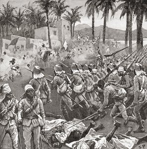 Tropas anglo-egipcias asaltan la aldea de Ferkeh en la batalla de Ferkeh o Firket, 7 de junio de 1896, durante la guerra mahdista de Unbekannt