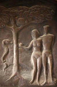 Escultura de la puerta de la basílica de la Anunciación: Adán y Eva, Nazaret, Israel de Unbekannt